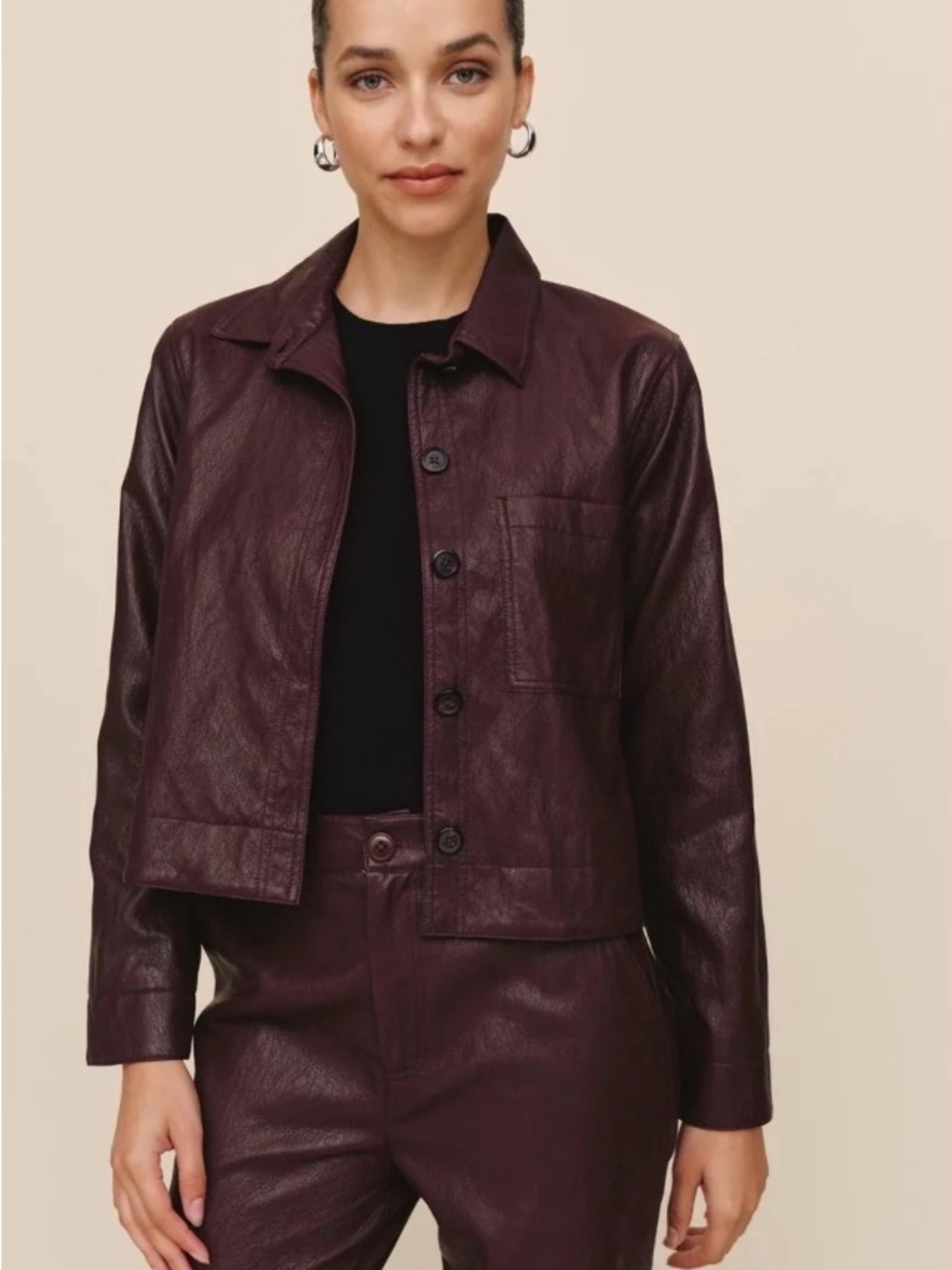 Bella Dahl Burgundy Faux Leather Cropped Button Jacket